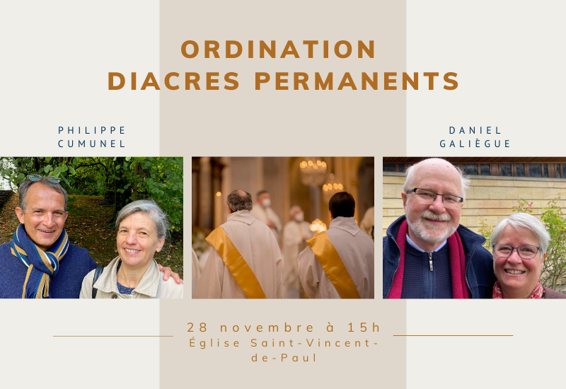 Joie pour notre diocèse ! Philippe Cumunel et Daniel Galiègue seront ordonnés diacres permanents dimanche 28 novembre 2021 à 15h en l’église Saint-Vincent-de-Paul à Villepreux. Ils nous parlent de leur parcours de foi.